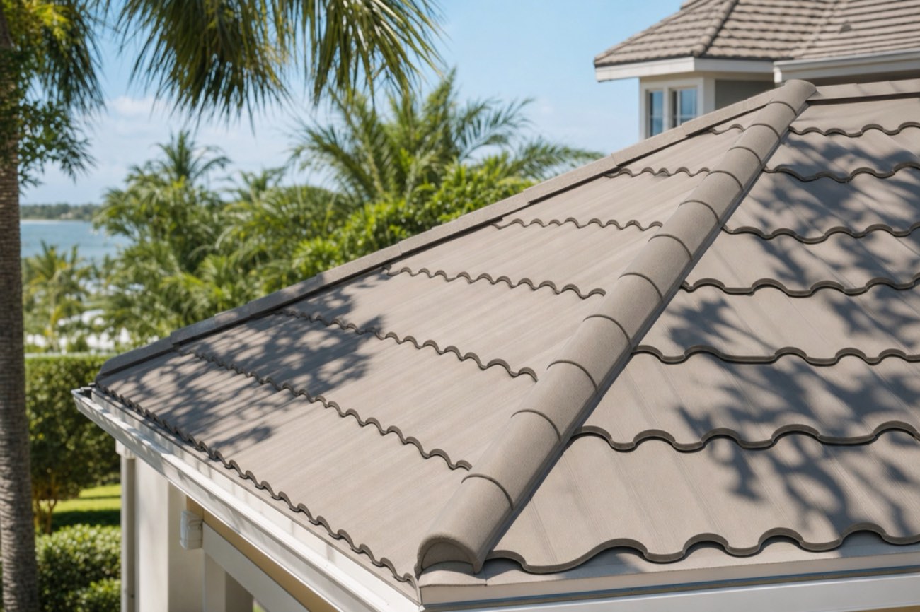 Barrel-tile-profile metal roof in a sandy tan color with a hip cap