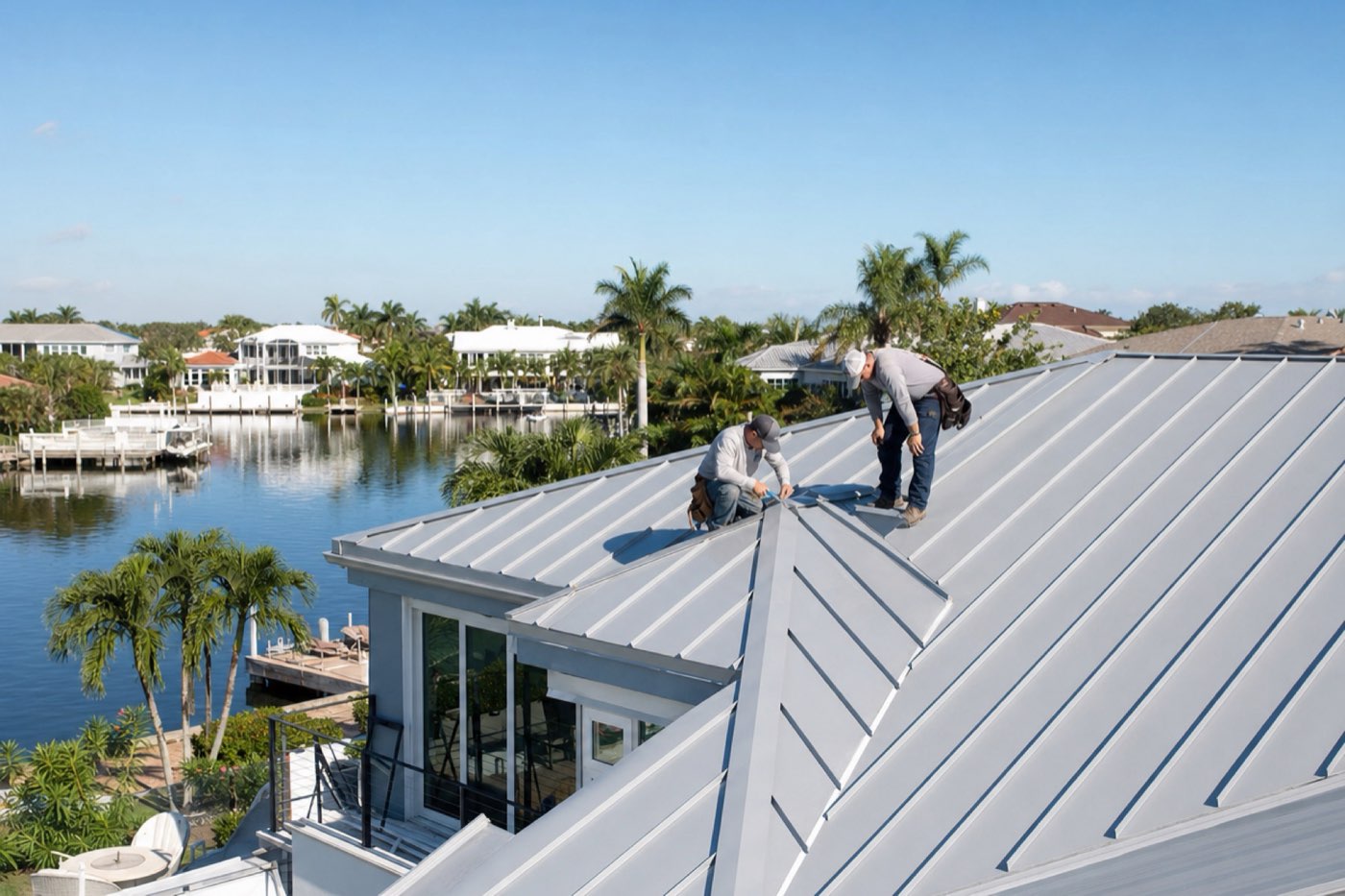 Waterfront Tampa Bay home with a new standing seam metal roof and roofers inspecting fasteners