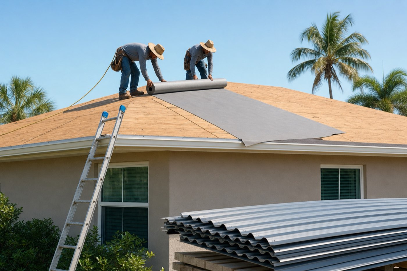 Roofers laying underlayment over plywood decking on a Tampa home before metal roof panels are installed
