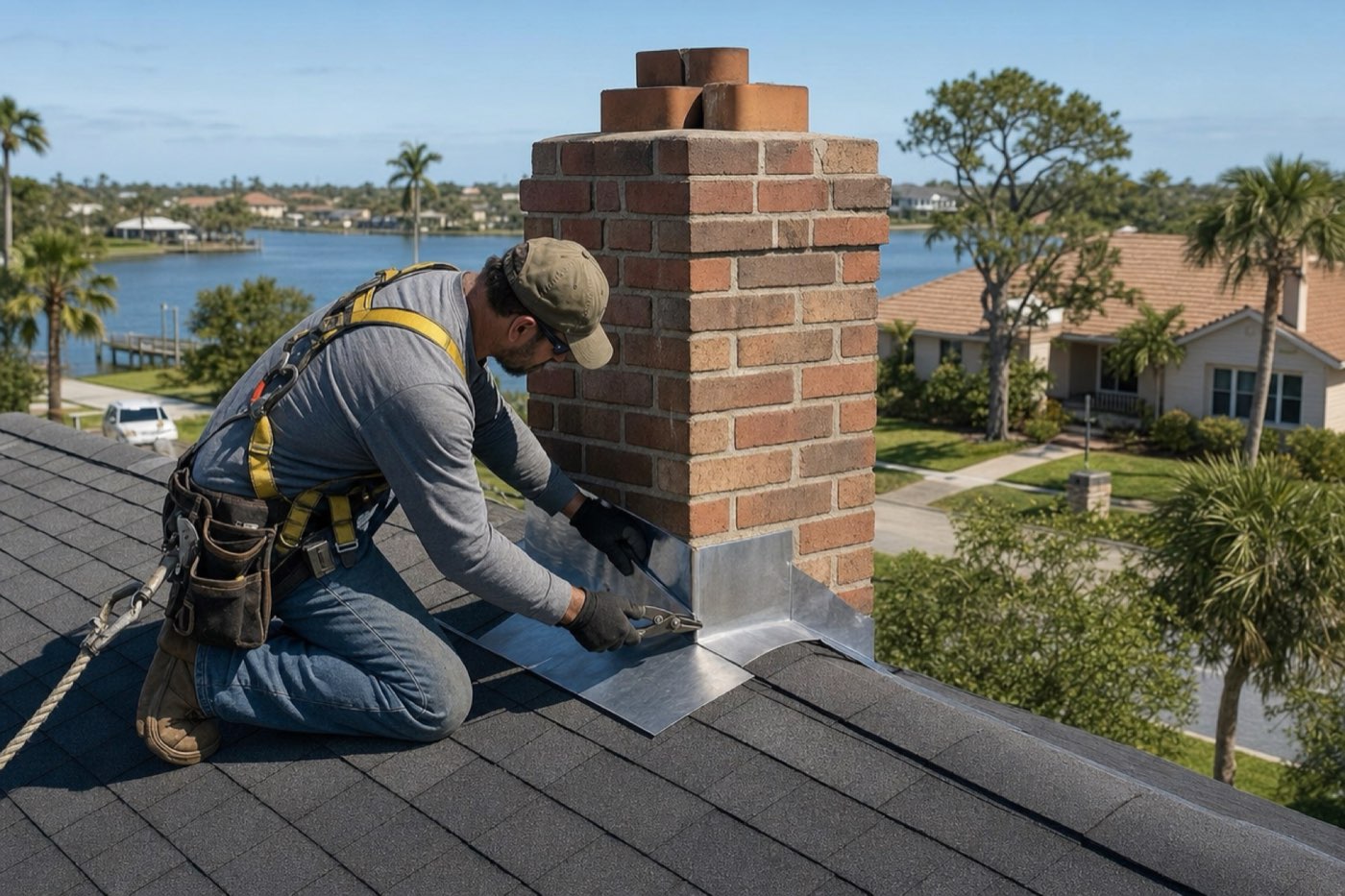 Roofer installing new metal flashing around a brick chimney on a Tampa home roof under a clear sky