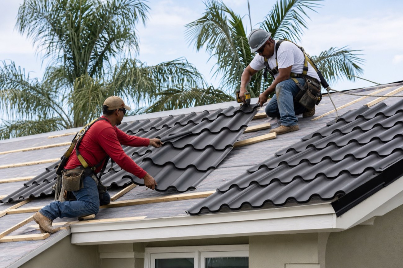 Two roofers in safety harnesses installing barrel-profile metal roofing